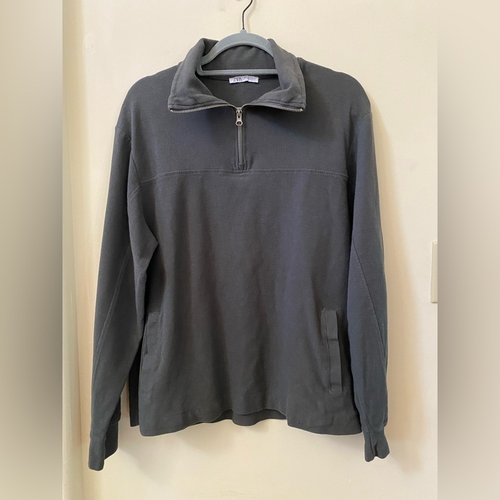 Zara Charcoal ¼ Quarter Zip Pullover Sweater S Funnel Mock Neck Cotton - Picture 1 of 5
